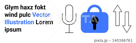 Digital communication, information security, data encryption, sound recording, file transfer, privacy protection. Microphone, blue lock and arrows . Information security and digital communication 140386761