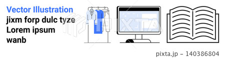 Fashion design, digital technology, learning tools, education, creative industries, workspace organization. Minimalist clothing rack, computer screen open book. Fashion design and digital technology 140386804