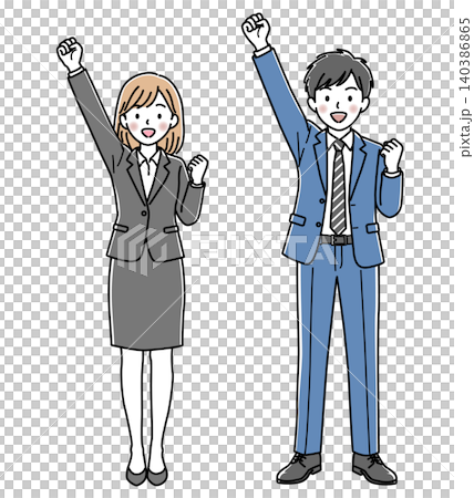 Vector illustration set of a woman raising one hand in cheer and a male office worker (full body). 140386865