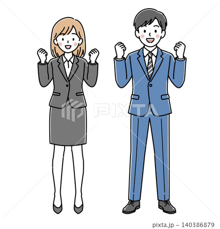 ガッツポーズをする会社員の女性と男性（全身）のセットのベクターイラスト 140386879