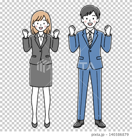 ガッツポーズをする会社員の女性と男性（全身）のセットのベクターイラスト 140386879