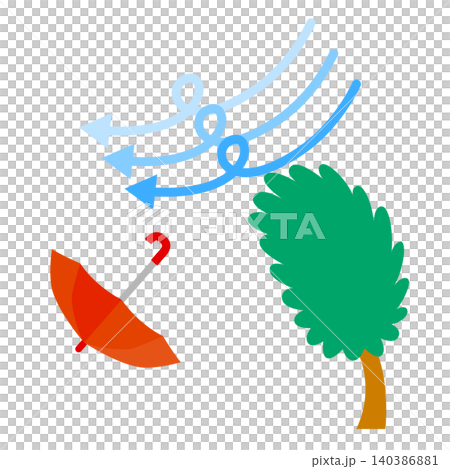 An illustration of trees swaying in strong winds and a red umbrella being blown away. An illustration of trees swaying in strong winds and a red umbrella being blown away. 140386881