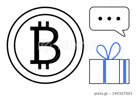 Cryptocurrency, blockchain exchange, financial technology, digital transactions, online gifting, communication. Bitcoin symbol, speech bubble gift box graphic. Cryptocurrency and blockchain exchange Cryptocurrency, blockchain exchange, financial technology, digital transactions, online gifting, communication. Bitcoin symbol, speech bubble gift box graphic. Cryptocurrency and blockchain exchange 140387001
