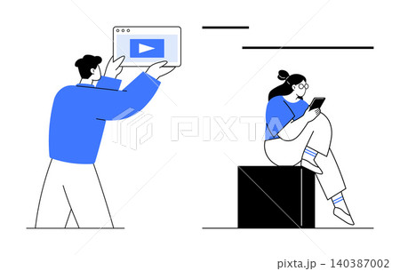 Communication trends, digital education, tech interaction, online media, social engagement, remote learning. A person holds a tablet showing a play button another sits on a block with a smartphone 140387002