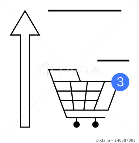 E-commerce growth, online shopping, retail trends, sales tracking, notifications, digital transactions. Shopping cart with number notification and upward arrow. E-commerce and online shopping concept E-commerce growth, online shopping, retail trends, sales tracking, notifications, digital transactions. Shopping cart with number notification and upward arrow. E-commerce and online shopping concept 140387003