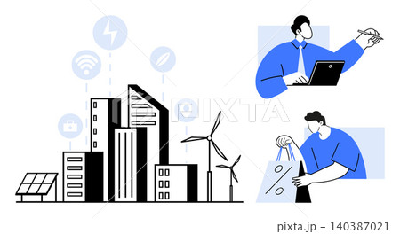Smart cities, renewable energy, digital economy, innovation, technology integration, e-commerce progress. Cityscape with wind turbines, solar panels, connected icons and two individuals using 140387021