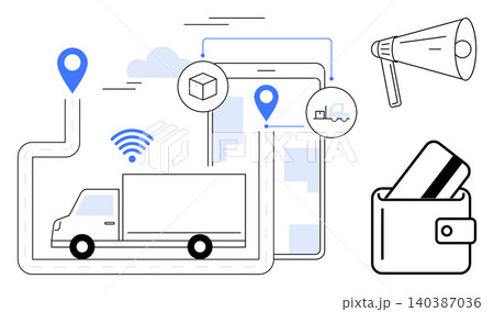 E-commerce, logistics, mobile tracking, payment systems, digital marketing, delivery services. Visual of a truck, mobile device and wallet with icons. E-commerce and logistics concept 140387036