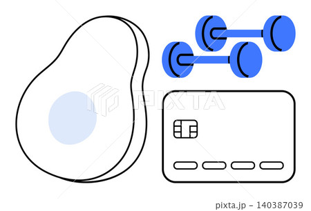Health and wellness, fitness motivation, diet planning, financial management, healthy habits, lifestyle goals. Abstract avocado, dumbbells and credit card illustration. Health and fitness motivation Health and wellness, fitness motivation, diet planning, financial management, healthy habits, lifestyle goals. Abstract avocado, dumbbells and credit card illustration. Health and fitness motivation 140387039
