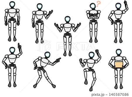 イラスト素材: 様々なポーズやジェスチャーをする未来的なヒューマノイドロボットのイラストセット イラスト素材: 様々なポーズやジェスチャーをする未来的なヒューマノイドロボットのイラストセット 140387086