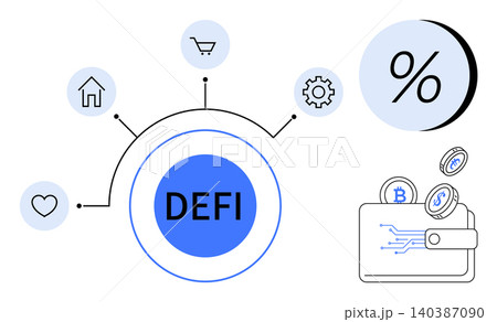 Decentralized finance, cryptocurrency transactions, fintech innovation, blockchain, digital currency, smart wallets. Central hub with icons and a wallet holding digital coins. Decentralized finance Decentralized finance, cryptocurrency transactions, fintech innovation, blockchain, digital currency, smart wallets. Central hub with icons and a wallet holding digital coins. Decentralized finance 140387090