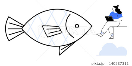 Creativity, imagination, surreal art, remote work, digital transformation, storytelling. A giant fish beside a woman sitting with a laptop on a cloud-thumbs up platform. Creativity and imagination 140387311