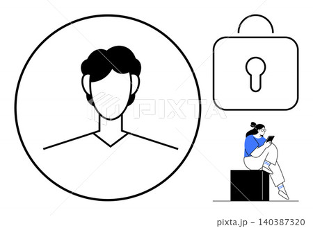 Data protection, digital authentication, online privacy, cybersecurity, secure login, technology. Minimalist design with male avatar, lock and woman using mobile. Focus on data protection and online 140387320
