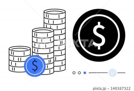 Financial planning, savings management, investment strategies, income growth, wealth building, economic stability. Stacked coins with dollar signs and circular currency icon. Financial planning Financial planning, savings management, investment strategies, income growth, wealth building, economic stability. Stacked coins with dollar signs and circular currency icon. Financial planning 140387322
