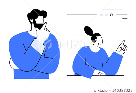 Critical thinking, communication, decision-making, education, teamwork, collaboration. Two abstract figures, one thinking and the other pointing. Critical thinking and communication concept 140387325