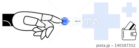 Artificial intelligence, healthcare payments, technology interaction, digital transactions, medical innovation, and robotics. A robotic hand points to a medical cross and wallet icon. Healthcare 140387352
