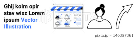 E-commerce, user profile, business growth, digital marketing, online shopping, website analytics. a storefront, user icon and upward arrow. E-commerce and business growth concept E-commerce, user profile, business growth, digital marketing, online shopping, website analytics. a storefront, user icon and upward arrow. E-commerce and business growth concept 140387361