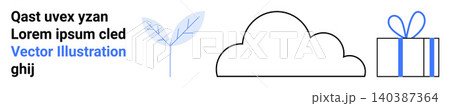 Graphic design, branding, web art, creative advertising, modern packaging, nature motifs. A blue leaf, outlined cloud and gift box in a clean layout. Graphic design and branding concept Graphic design, branding, web art, creative advertising, modern packaging, nature motifs. A blue leaf, outlined cloud and gift box in a clean layout. Graphic design and branding concept 140387364