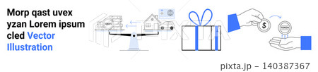 Finance, e-commerce, trade, logistics, gift-giving, fairness. Assorted visual elements showing transactions, weighing balance gift and delivery truck. Finance and e-commerce concept 140387367