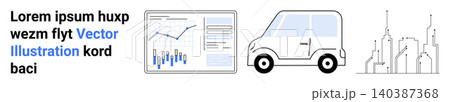 Business analytics, transportation, city planning, growth trends, economy, urbanization. Chart with data, a car and city skyline. Data analysis and transportation concept 140387368