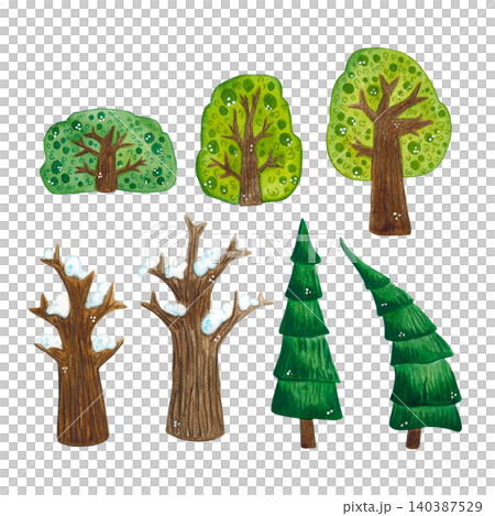A set of different trees, watercolor illustration, cartoon. Hand-drawn illustration. Design for stickers, cards, scrapbooking. Forest, nature, tree, foliage, bush, spruce A set of different trees, watercolor illustration, cartoon. Hand-drawn illustration. Design for stickers, cards, scrapbooking. Forest, nature, tree, foliage, bush, spruce 140387529