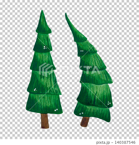 Two green fir trees, watercolor illustration, cartoon. Hand-drawn illustration. Design for stickers, cards, scrapbooking. Forest, nature, tree, conifers, spruce 140387546