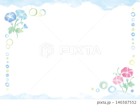 優しい水彩手描きの朝顔と丸い飾りなどの涼やかな背景-横型 140387552