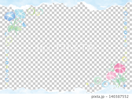 優しい水彩手描きの朝顔と丸い飾りなどの涼やかな背景-横型 140387552