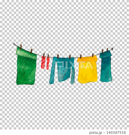 Laundry hanging on a line to dry, watercolor cartoon illustration. Hand-drawn. Design for stickers, cards, and scrapbooking. Village, farm, house, cleaning, clothes, laundry, housewife Laundry hanging on a line to dry, watercolor cartoon illustration. Hand-drawn. Design for stickers, cards, and scrapbooking. Village, farm, house, cleaning, clothes, laundry, housewife 140387558