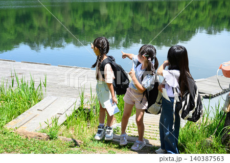 新緑の湖畔で地図を持ち驚いた表情で遠くを見上げる女子小学生たち 新緑の湖畔で地図を持ち驚いた表情で遠くを見上げる女子小学生たち 140387563