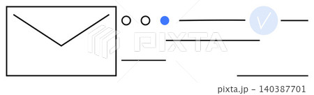 Email, communication, digital messaging, notification systems, security, verification. Envelope icon, checkmark dots and lines. Email and communication concept for security and notifications 140387701