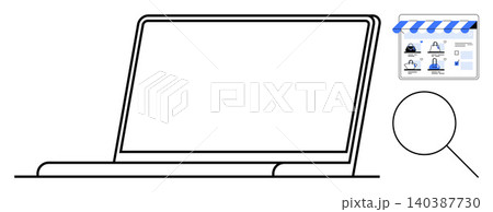 E-commerce, online retail, marketplace browsing, digital storefronts, product search, consumer behavior. A laptop outline, storefront graphic and magnifying glass. E-commerce and online retail 140387730