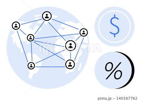 Fintech, peer-to-peer transactions, global connectivity, communication networks, financial technology, global economy. Networked user icons on world map. Global connectivity and fintech concept Fintech, peer-to-peer transactions, global connectivity, communication networks, financial technology, global economy. Networked user icons on world map. Global connectivity and fintech concept 140387762