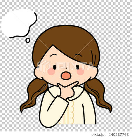 An illustration of a girl (upper body) with her hand on her chin, deep in thought. 140387768