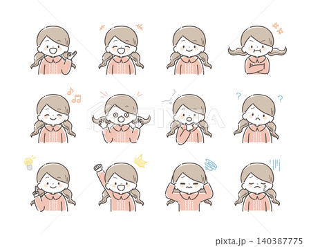女の子のいろいろな表情セット(上半身)手描き風カラー 女の子のいろいろな表情セット(上半身)手描き風カラー 140387775