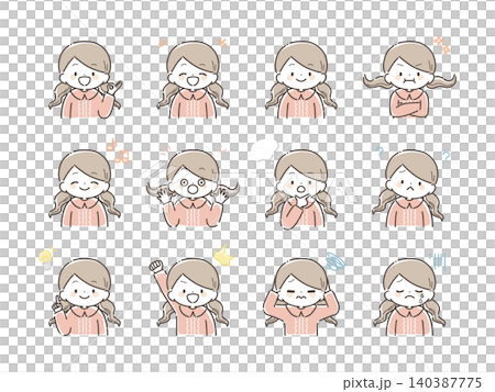 女の子のいろいろな表情セット(上半身)手描き風カラー 女の子のいろいろな表情セット(上半身)手描き風カラー 140387775