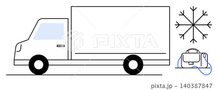Cold supply chain, logistics management, temperature control, food delivery, perishable goods, refrigeration technology. Minimalistic truck, snowflake cold storage cooler. Cold supply chain 140387847