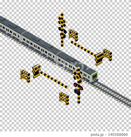 火車通過鐵路道口的等距視圖。鐵路、交通安全及鐵路基礎設施相關資料。 火車通過鐵路道口的等距視圖。鐵路、交通安全及鐵路基礎設施相關資料。 140388060