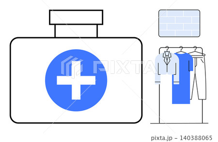 Healthcare, retail design, emergency services, minimalism, organization, lifestyle. A prominent medical kit beside a clothes rack with garments. Healthcare and retail design concept Healthcare, retail design, emergency services, minimalism, organization, lifestyle. A prominent medical kit beside a clothes rack with garments. Healthcare and retail design concept 140388065