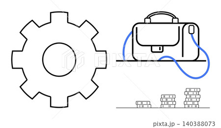 Business strategy, financial planning, productivity, innovation, teamwork, career growth. A gear, briefcase and stacked coins. Business strategy and financial planning in graphic elements 140388073