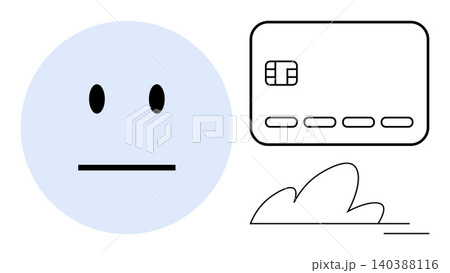 Financial management, online payments, identity verification, data privacy, fintech, budgeting. Expressionless face alongside a credit card. Financial management and online payments concept 140388116