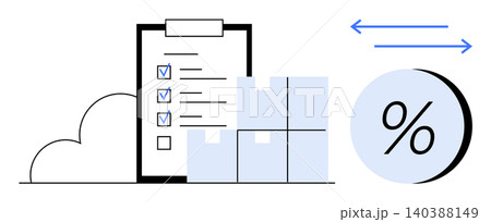Supply chain, inventory tracking, warehouse organization, delivery services, business processes, shipping management. Checklist with boxes and percentage symbol. Logistics and inventory tracking Supply chain, inventory tracking, warehouse organization, delivery services, business processes, shipping management. Checklist with boxes and percentage symbol. Logistics and inventory tracking 140388149