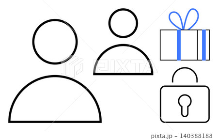 Data protection, online privacy, digital identity, user interaction, e-commerce, gift exchange. Minimalist icons of users, padlock and gift box. Data protection and online privacy concept Data protection, online privacy, digital identity, user interaction, e-commerce, gift exchange. Minimalist icons of users, padlock and gift box. Data protection and online privacy concept 140388188