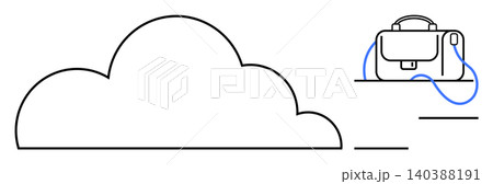 Cloud computing, data management, digital security, remote work, business tools, file transfer. Minimalist cloud and briefcase connected by a cable. Cloud computing and data management 140388191