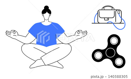 Stress relief, workplace balance, mindfulness, relaxation techniques, focus tools, mental health. Person meditating, spinner and briefcase. Mindfulness and stress relief concept Stress relief, workplace balance, mindfulness, relaxation techniques, focus tools, mental health. Person meditating, spinner and briefcase. Mindfulness and stress relief concept 140388305
