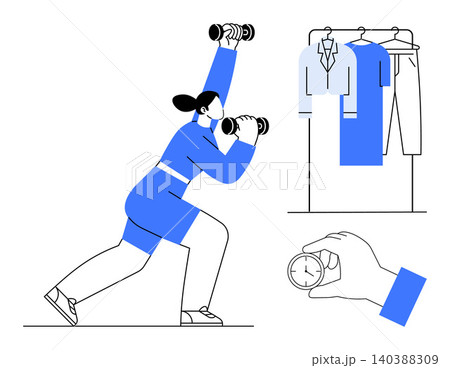Fitness, time management, daily routines, productivity, work-life balance, healthy lifestyle. Woman lifting dumbbells, clock and clothes rack visible. Fitness and time management concept 140388309