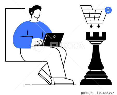 Digital strategy, e-commerce, online shopping, decision making, business goals, technology trends. Person using laptop, shopping cart icon chess rook. Digital strategy and e-commerce concept Digital strategy, e-commerce, online shopping, decision making, business goals, technology trends. Person using laptop, shopping cart icon chess rook. Digital strategy and e-commerce concept 140388357