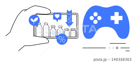 E-commerce, gaming technology, online shopping, digital marketing, user engagement, mobile apps. Hand holding smartphone with icons and game controller. E-commerce and gaming technology E-commerce, gaming technology, online shopping, digital marketing, user engagement, mobile apps. Hand holding smartphone with icons and game controller. E-commerce and gaming technology 140388363