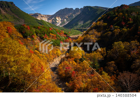 秋の北海道・十勝岳 連峰を彩る鮮やかな紅葉と青空の絶景 秋の北海道・十勝岳 連峰を彩る鮮やかな紅葉と青空の絶景 140388504