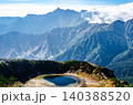 北アルプス・鷲羽岳山頂から見下ろす鷲羽池と遙かに望む槍ヶ岳の絶景 140388520