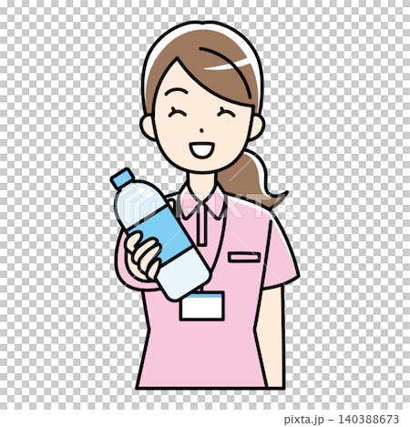 插圖描繪了一位身穿polo衫的女士面帶微笑,遞上一個塑膠瓶。 插圖描繪了一位身穿polo衫的女士面帶微笑,遞上一個塑膠瓶。 140388673